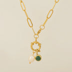Link chain necklace with pearl pendant and May birthstone