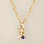 Link chain necklace with pearl pendant and September birthstone