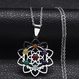 Collier Pendentif 7 Chakras Fleur Sacrée Pierres Naturelles Chaîne Homme Femme 1 argent