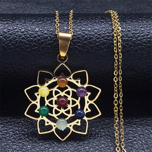 Collier Pendentif 7 Chakras Fleur Sacrée Pierres Naturelles Chaîne Homme Femme 1 or