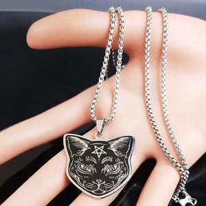 Collier Pendentif Chat Noir Pentacle Sorcellerie Wiccan