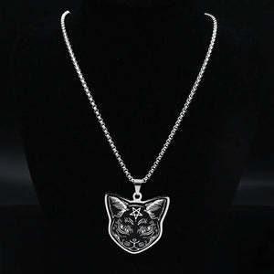 Collier Pendentif Chat Noir Pentacle Sorcellerie Wiccan