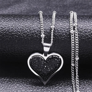 Collier Pendentif Coeur & Zircons argent et noir