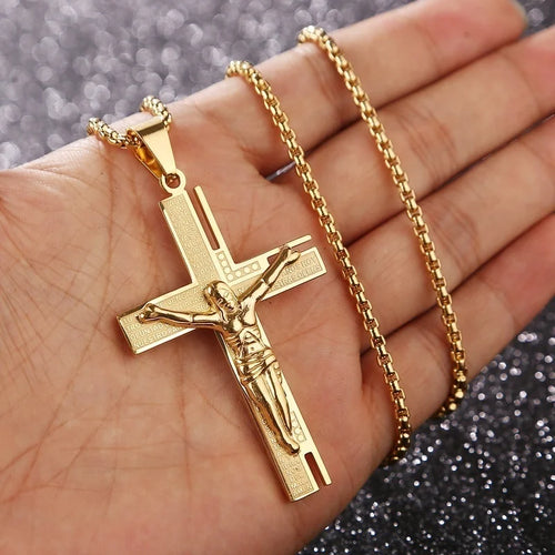 COOLSTEELANDBEYOND Stalen Mens Jezus Christus kruisbeeld kruis hanger ketting, oud metaal afgewerkt, tweezijdig, Roestvrij staal, niet van toepassing