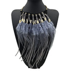 Collier Pendentif Ras de Cou Ethnique Plume gris
