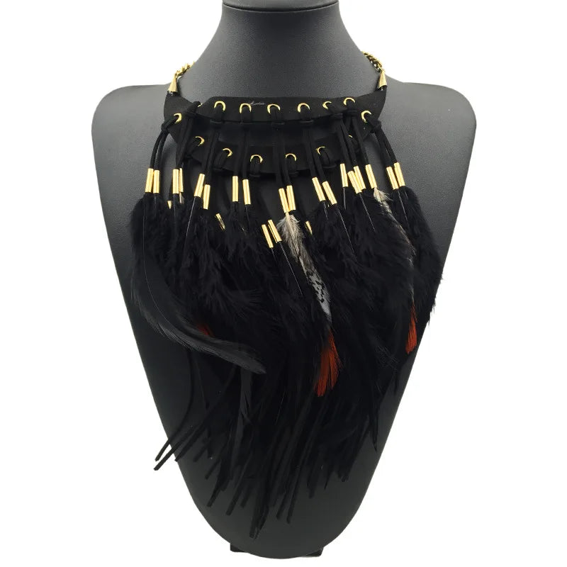 Collier Pendentif Ras de Cou Ethnique Plume noir