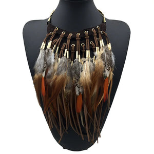 Collier Pendentif Ras de Cou Ethnique Plume marron