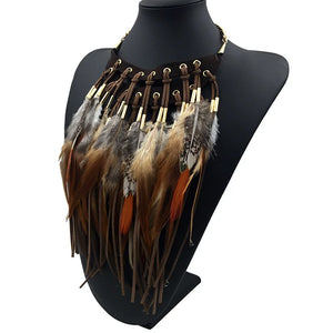 Collier Pendentif Ras de Cou Ethnique Plume marron