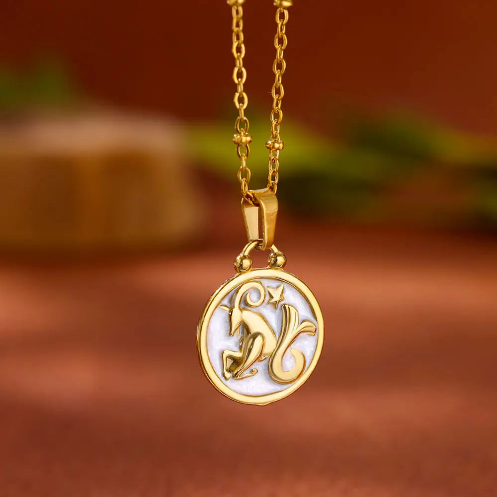 Collier Pendentif Or et Blanc Signe du Zodiaque 12 Constellations capricorne