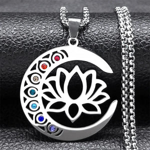 Collier Pendentif Pierres 7 Chakras Fleur de Lotus argent