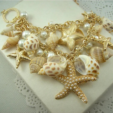 Collier Pendentifs Coquillages Etoiles de Mer Conques et perles