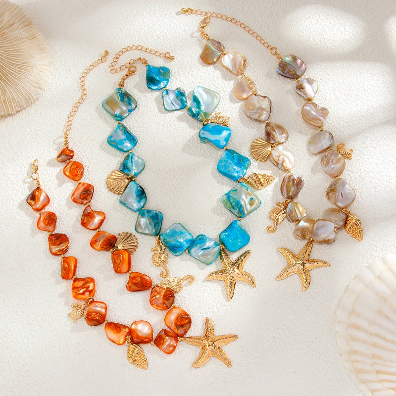 Collier Ras de Cou avec Pendentifs Coquillages Etoile de Mer bleu