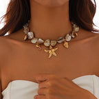 Collier Ras de Cou avec Pendentifs Coquillages Etoile de Mer beige