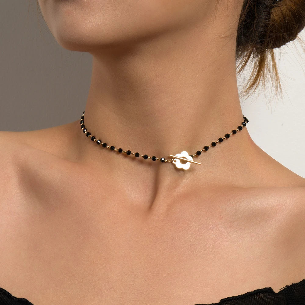 Collier Ras de Cou Pendentif Fleur noir et or