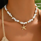 Náhrdelník choker s mušľou a hviezdicou, biele veľké perly