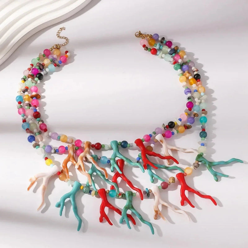 Collier Triple Rang Ras de Cou Corail Multicolore
