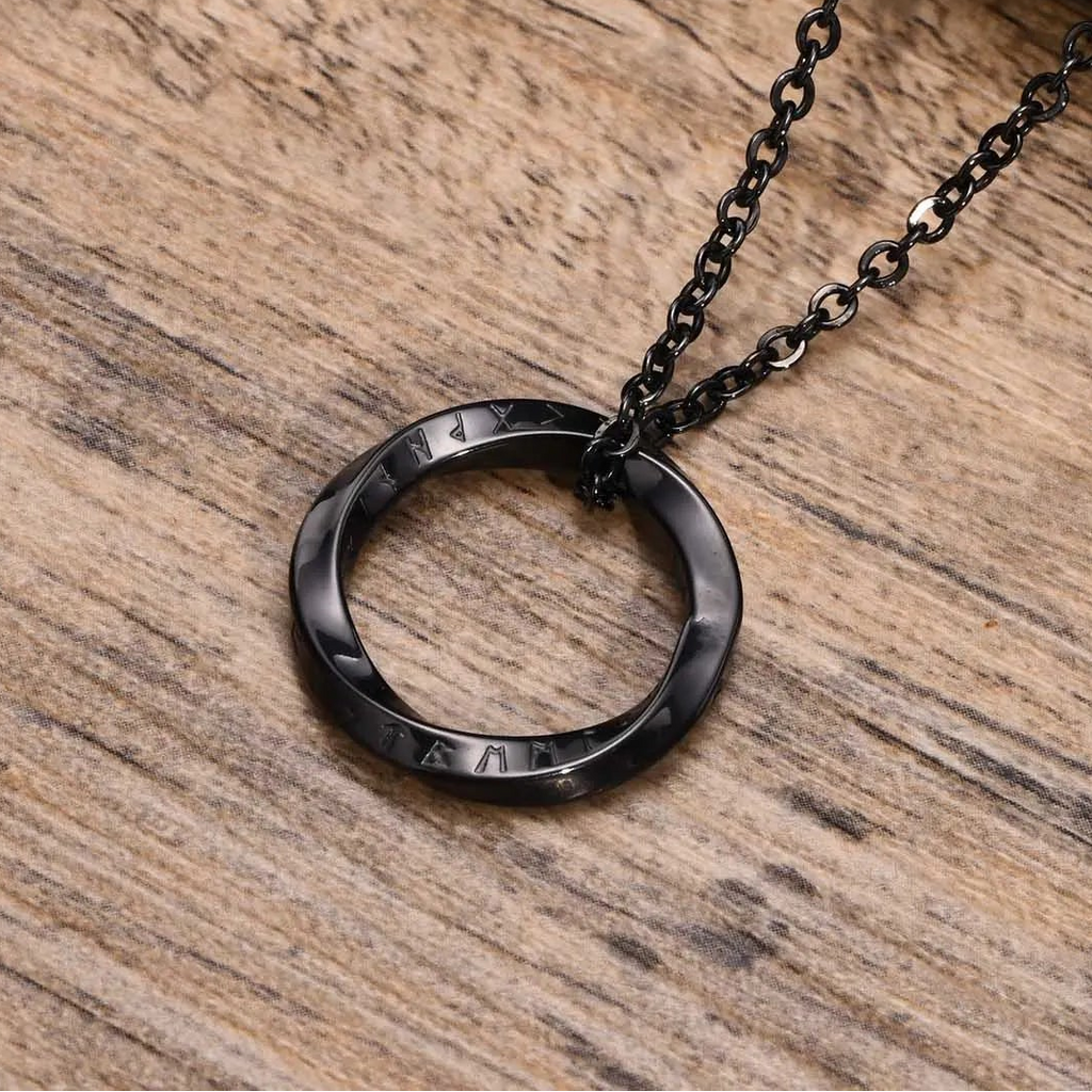 Viking Necklace Round Rune Pendant Black