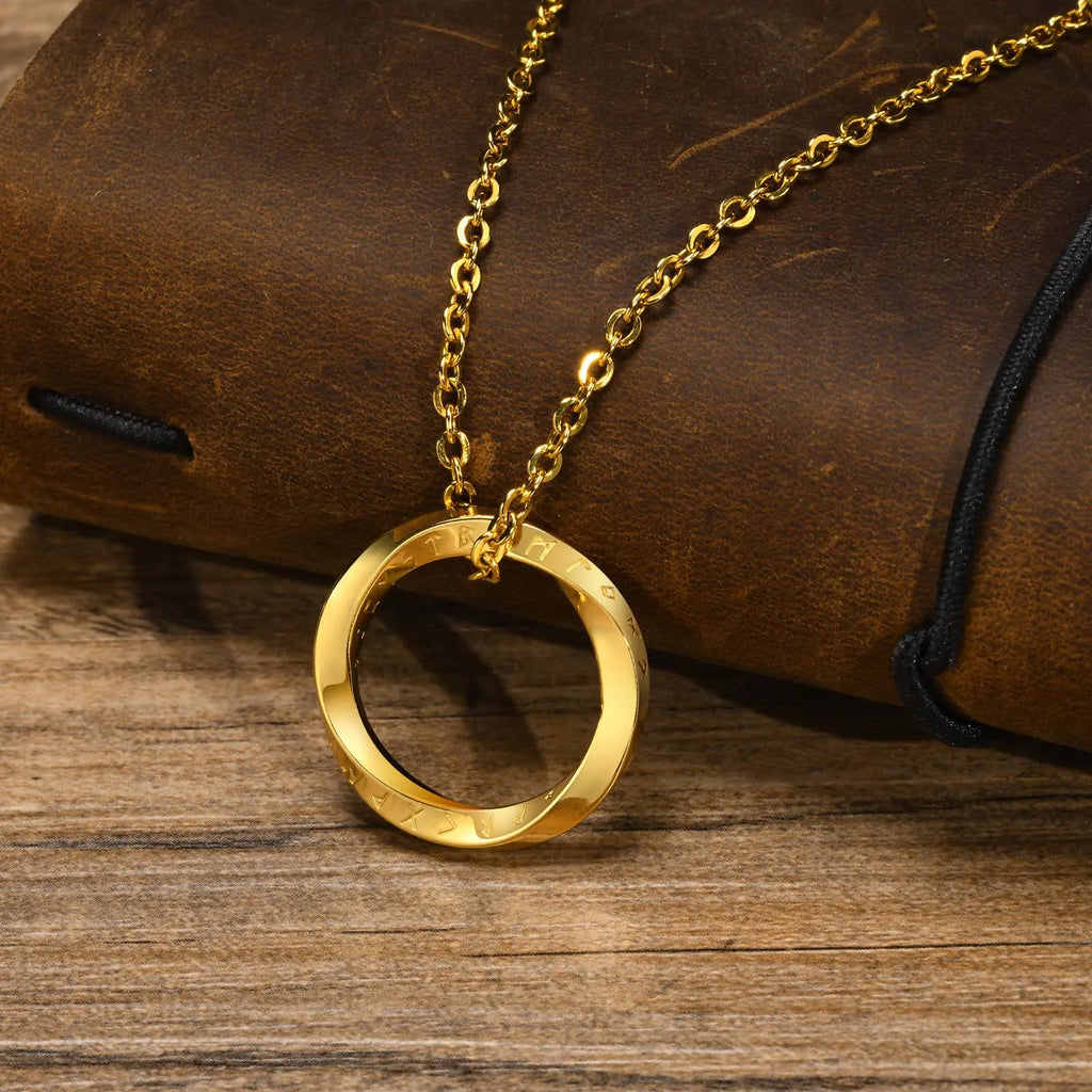 Viking Necklace Round Rune Pendant Gold