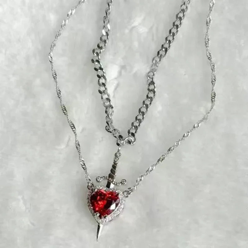 Couple Necklaces Sword and Heart Pendant 