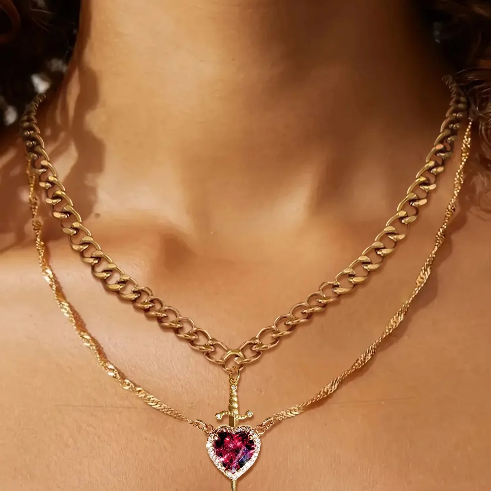 Couple Necklaces Sword and Heart Pendant 