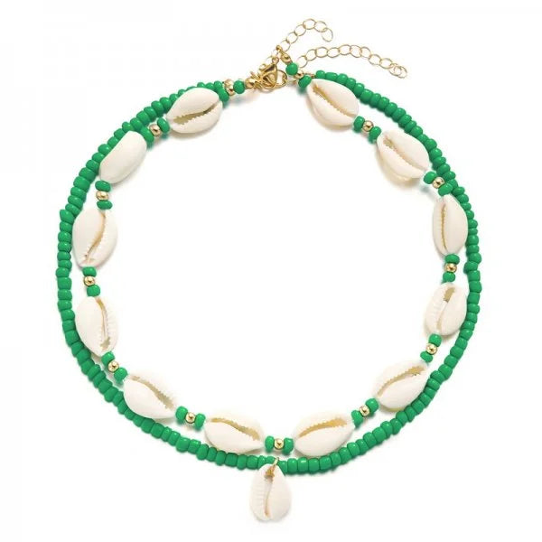 Double cowrie shell necklace green