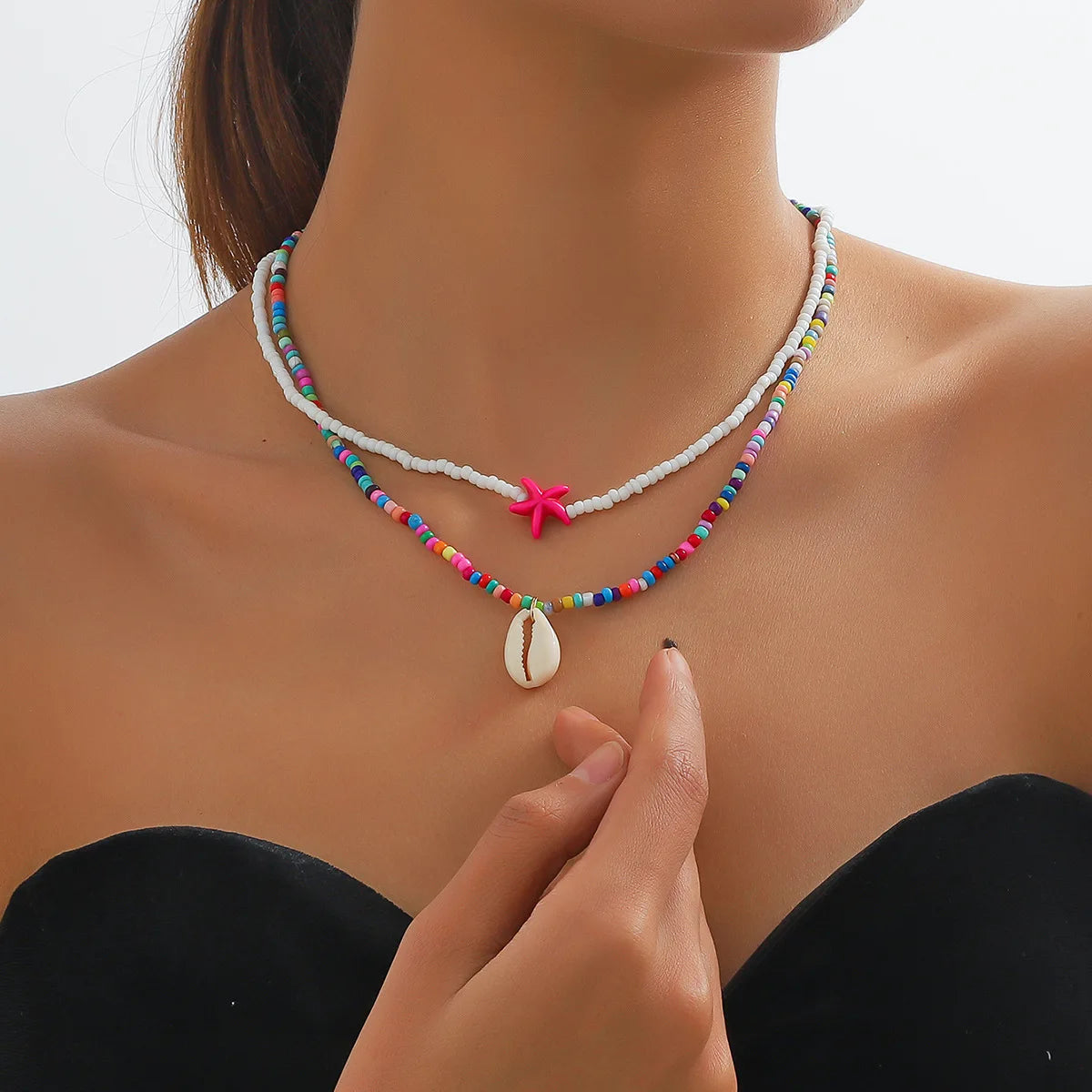 Double collier coquillage et perles colorées multicolore