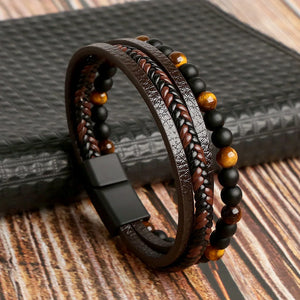 Gourmette Homme Oeil de Tigre Bracelet en Cuir marron et noir