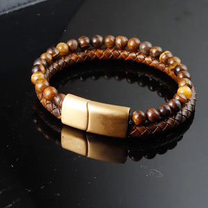 Gourmette Oeil de Tigre Bracelet en Cuir & Pierres