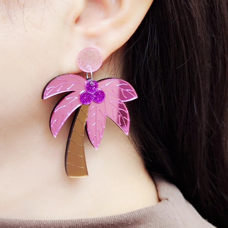 Große bunte Ohrringe Palme rosa