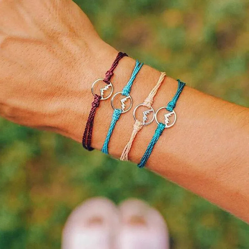 Lot de 4 Bracelets en Corde avec Pendentif Rond Montagne
