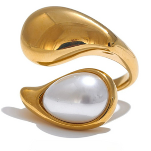 Bague Anneau Goutte d'Eau Perle Blanche or