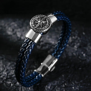 Bracelet Compas Homme Cuir Boussole Rose des Vents bleu