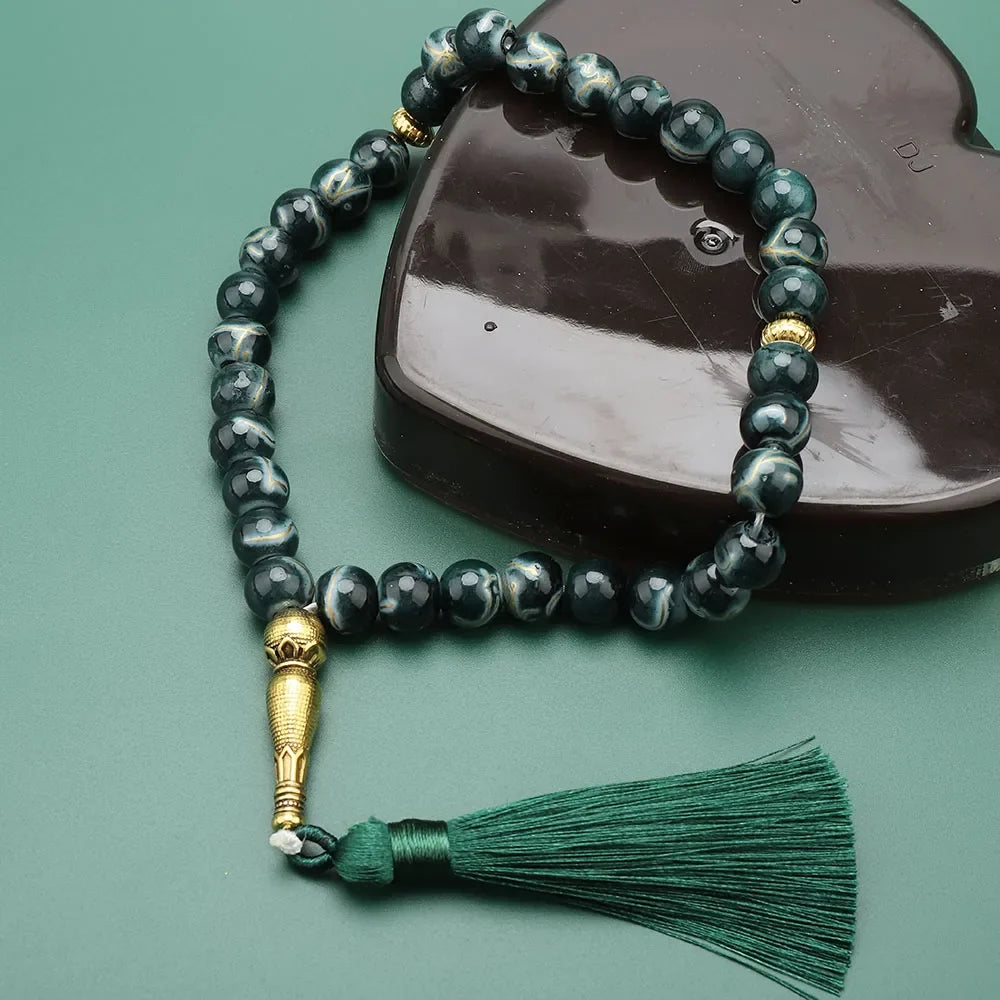 Tasbih Long 33 Perles noir - chapelet de prière musulman vert