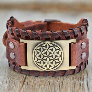 Bracelet Fleur de Vie En Cuir Homme marron