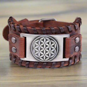 Bracelet Fleur de Vie En Cuir Homme marron argent