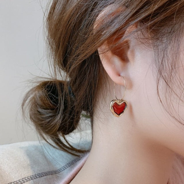 Boucles d'oreilles cœur rouge émail femme or rose - Art'emi