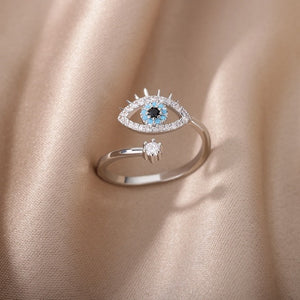 Bague Diamant contre le Mauvais Oeil Bleu Grec Turc Matiasma Mataki argent