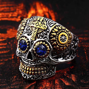 Bague Tête de Mort Mexicaine yeux bleus