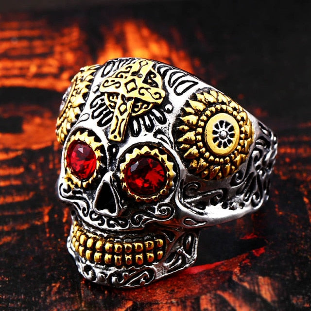 Bague Tête de Mort Mexicaine Yeux Rouges - Main Image