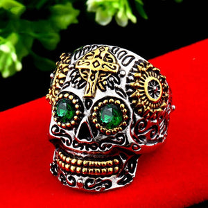 Bague Tête de Mort Mexicaine yeux verts