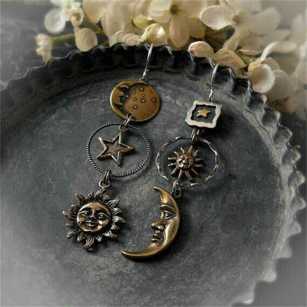 Boucles d'Oreilles Soleil Lune Étoiles Pendantes Femme Astre