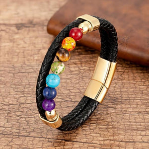 Bracelet 7 Chakras En Cuir Homme Femme or