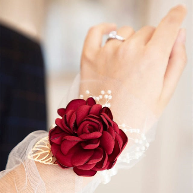 TseenYi Bracciale Matrimonio Con Fiore Blu E Perle, Polsino Con Catena Foglia Oro, Boho Fashion, Regalo Per Sposa E Damigella