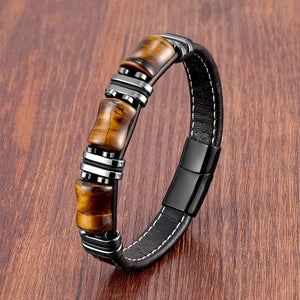 Bracelet Pierre Oeil de Tigre Cuir Gourmette noir