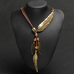 Collier Plume Femme or et marron