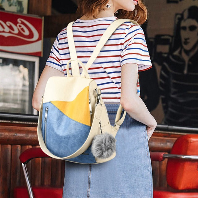 Tricolor Blue Leather Backpack for Women with Shoulder Strap 