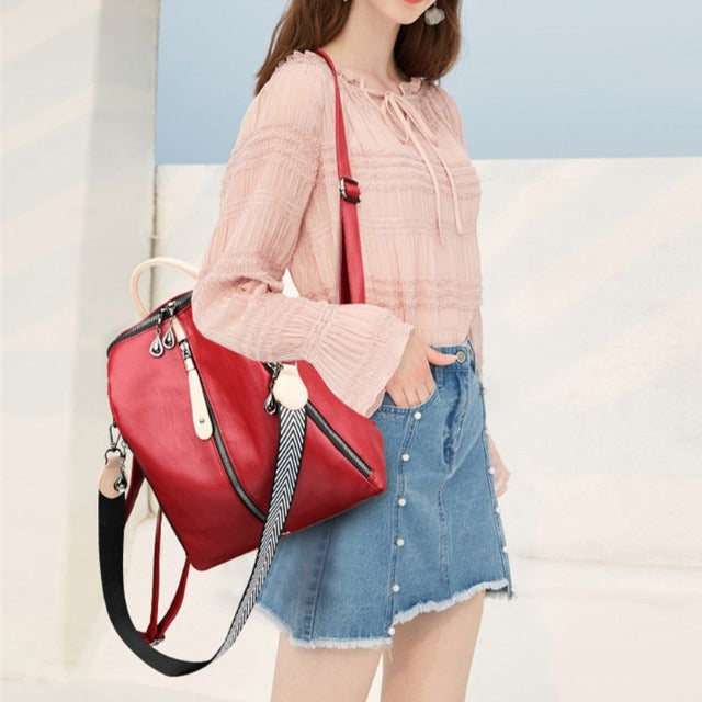Red Women's Leather Backpack Satchel 